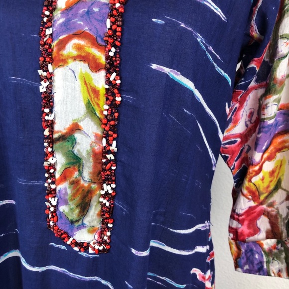Antica Sartoria Blue Multicolor Beaded V-Neck Cotton Kaftan Maxi Dress S/M - Picture 3 of 11
